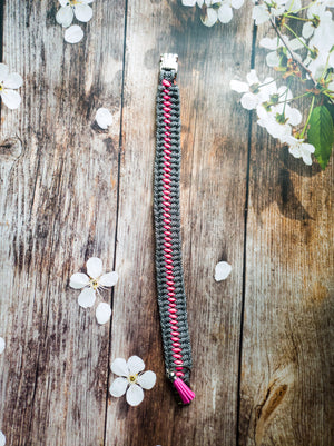 Triple Hitch Braid Dog Collars Spotted Black & Neon Pink